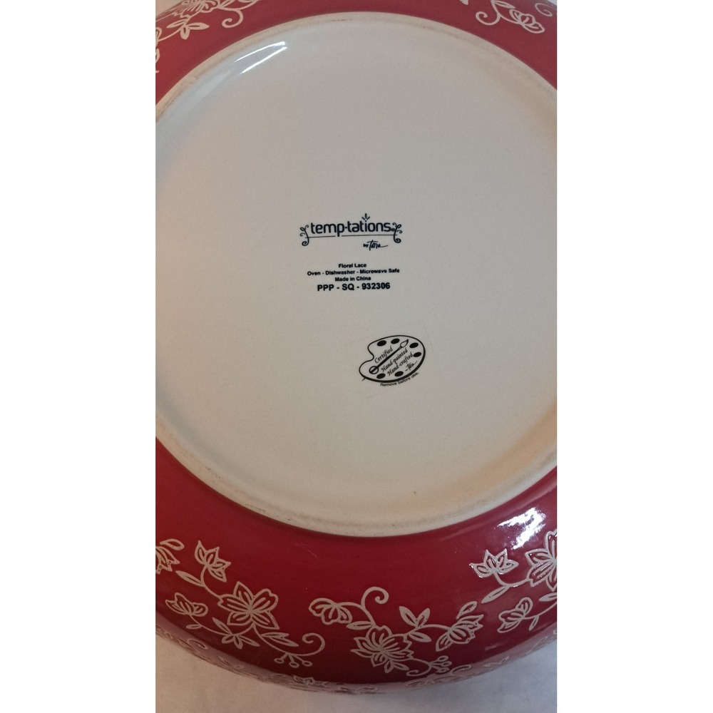 Temp-tations by Tara Floral Lace Cranberry Red 13" Serving Bowl 4 Qt Scalloped - Picture 7 of 9